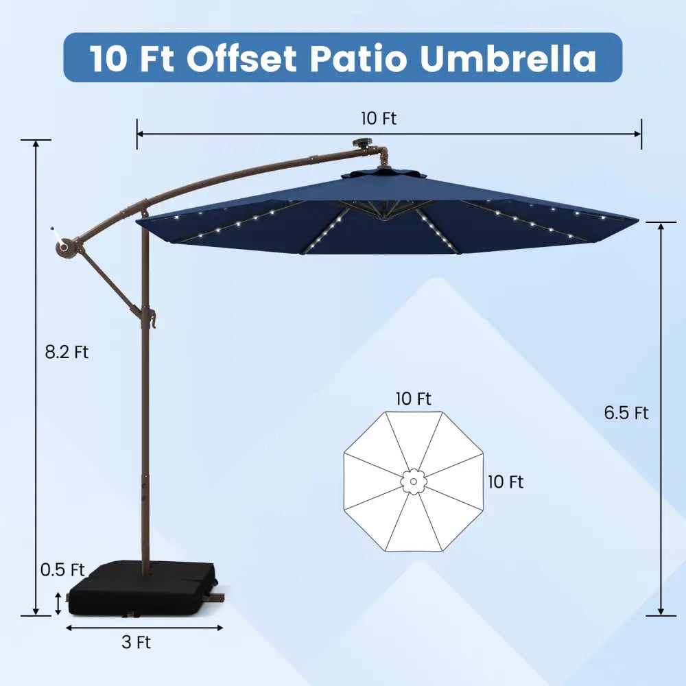 10 Feet Cantilever Umbrella with 32 LED Lights and Solar Panel Batteries-Navy - Navy - Outdoor Umbrellas