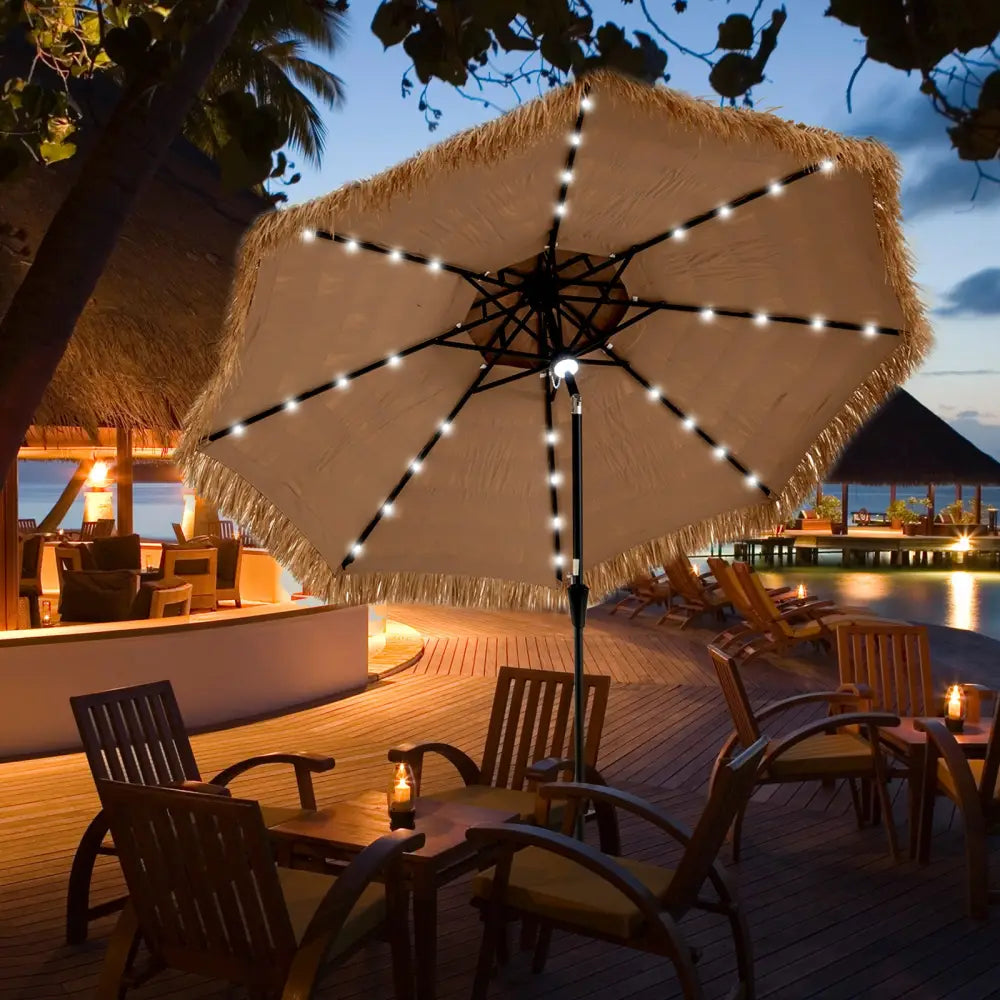 10 Feet Hawaiian Style Solar Lighted Thatched Tiki Patio Umbrella - Outdoor Umbrellas