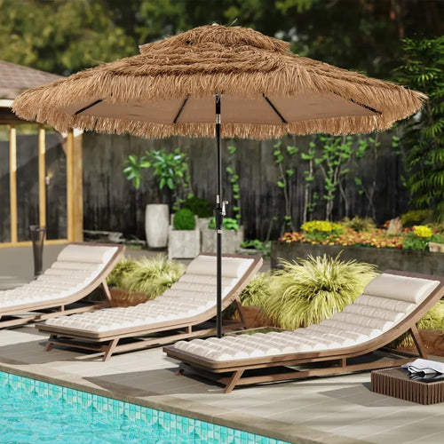 10 Feet Hawaiian Style Solar Lighted Thatched Tiki Patio Umbrella - Outdoor Umbrellas