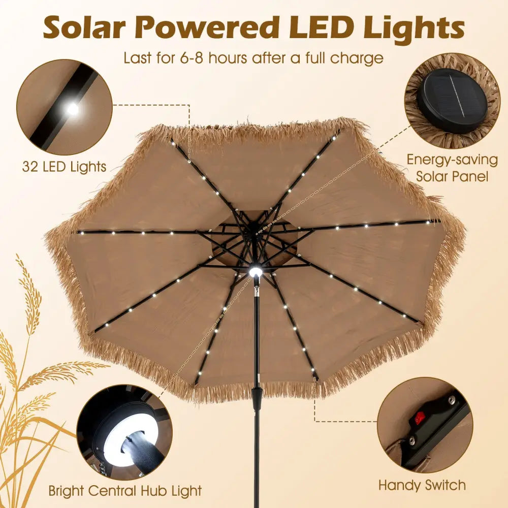 10 Feet Hawaiian Style Solar Lighted Thatched Tiki Patio Umbrella - Outdoor Umbrellas