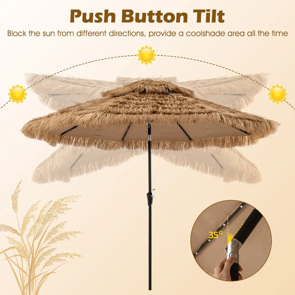10 Feet Hawaiian Style Solar Lighted Thatched Tiki Patio Umbrella - Outdoor Umbrellas