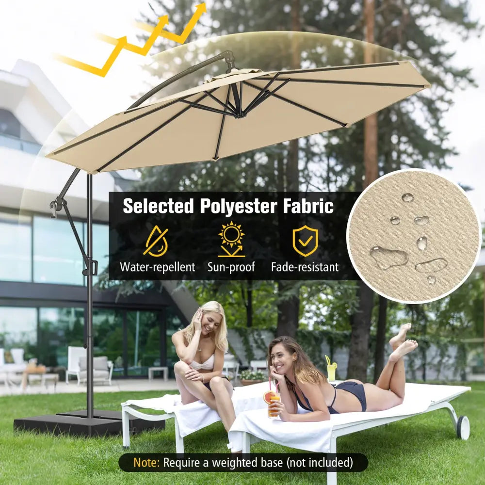 10 Feet Offset Hanging Umbrella with Base and Infinite Tilt-Beige - Beige - Outdoor Umbrellas