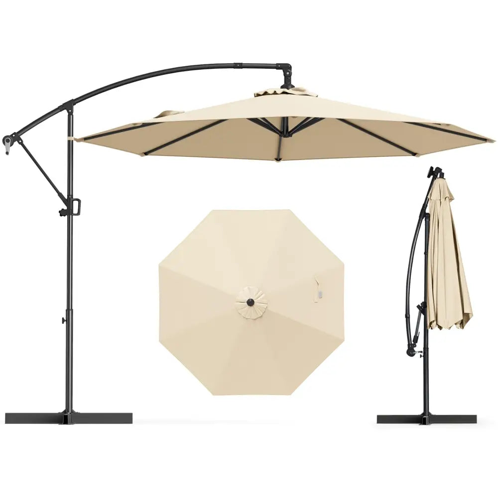 10 Feet Offset Hanging Umbrella with Base and Infinite Tilt-Beige - Beige - Outdoor Umbrellas