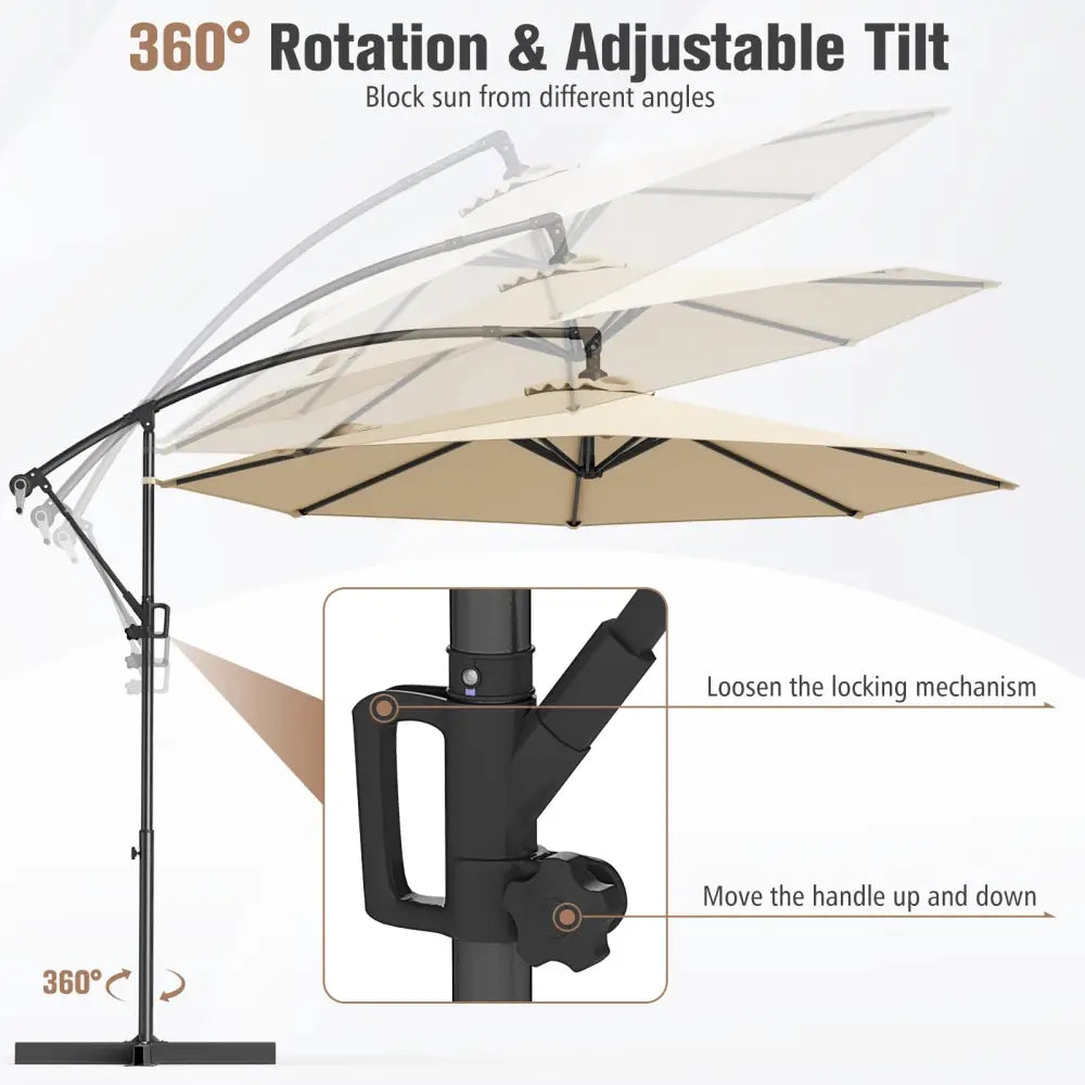 10 Feet Offset Hanging Umbrella with Base and Infinite Tilt-Beige - Beige - Outdoor Umbrellas