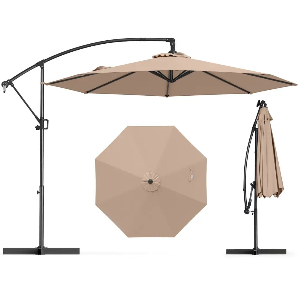 10 Feet Offset Hanging Umbrella with Base and Infinite Tilt-Coffee - Coffee - Outdoor Umbrellas