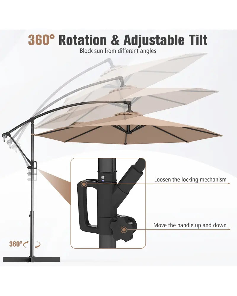 10 Feet Offset Hanging Umbrella with Base and Infinite Tilt-Coffee - Coffee - Outdoor Umbrellas