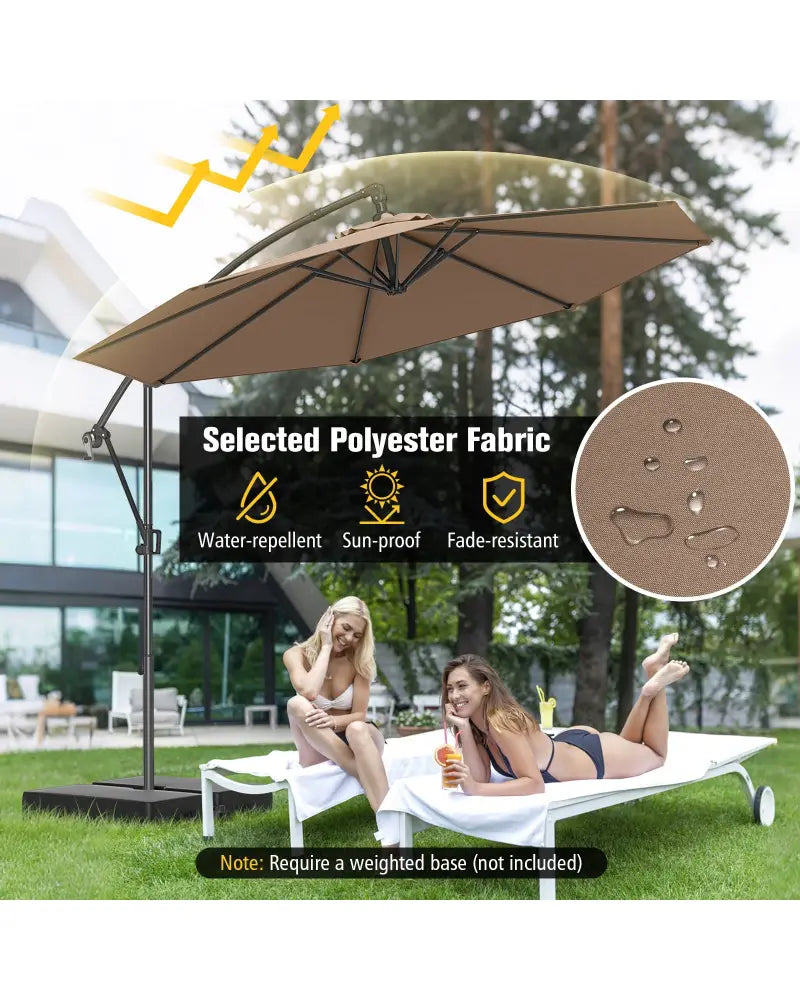 10 Feet Offset Hanging Umbrella with Base and Infinite Tilt-Coffee - Coffee - Outdoor Umbrellas