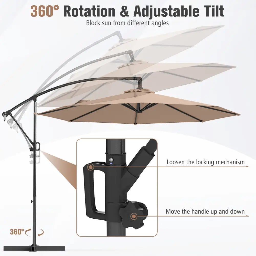 10 Feet Offset Hanging Umbrella with Base and Infinite Tilt-Coffee - Coffee - Outdoor Umbrellas