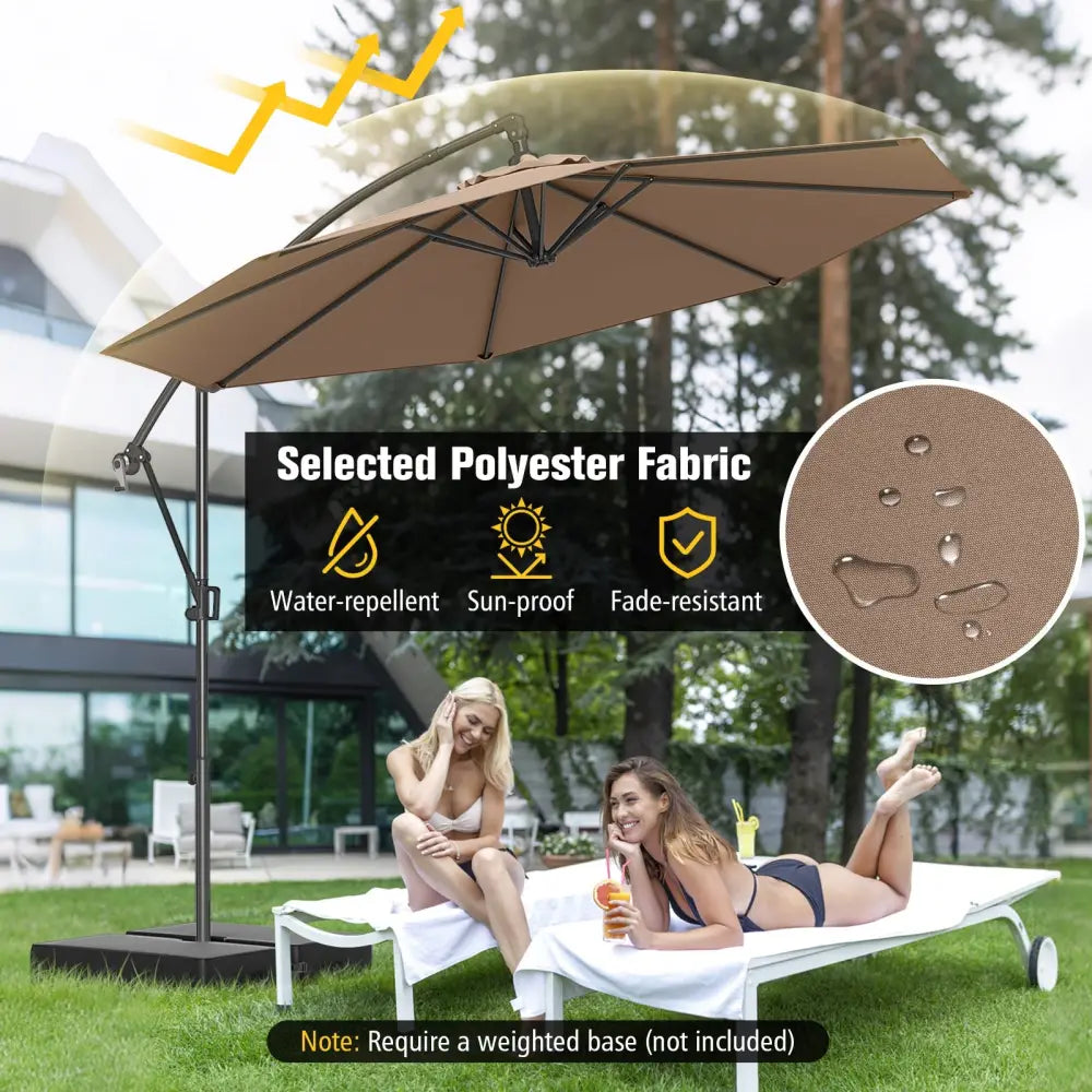10 Feet Offset Hanging Umbrella with Base and Infinite Tilt-Coffee - Coffee - Outdoor Umbrellas