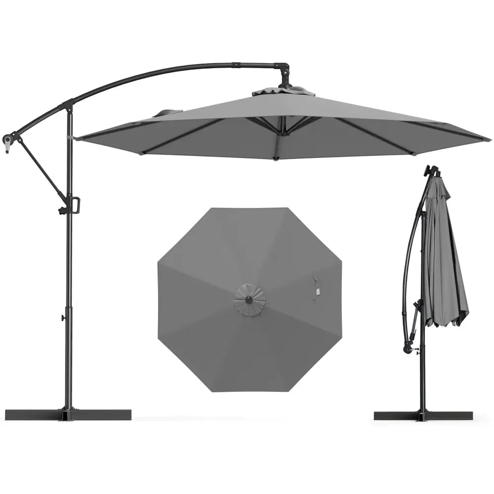 10 Feet Offset Hanging Umbrella with Base and Infinite Tilt-Gray - Gray - Outdoor Umbrellas