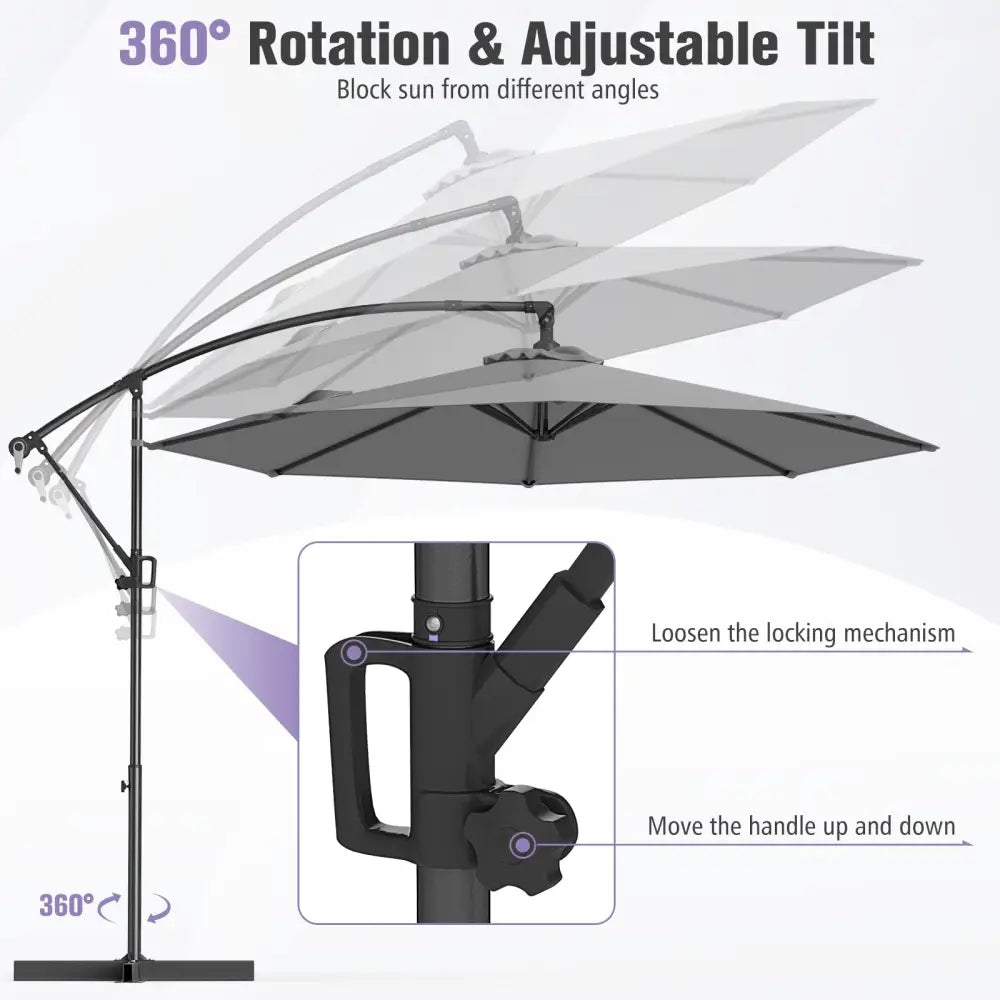 10 Feet Offset Hanging Umbrella with Base and Infinite Tilt-Gray - Gray - Outdoor Umbrellas