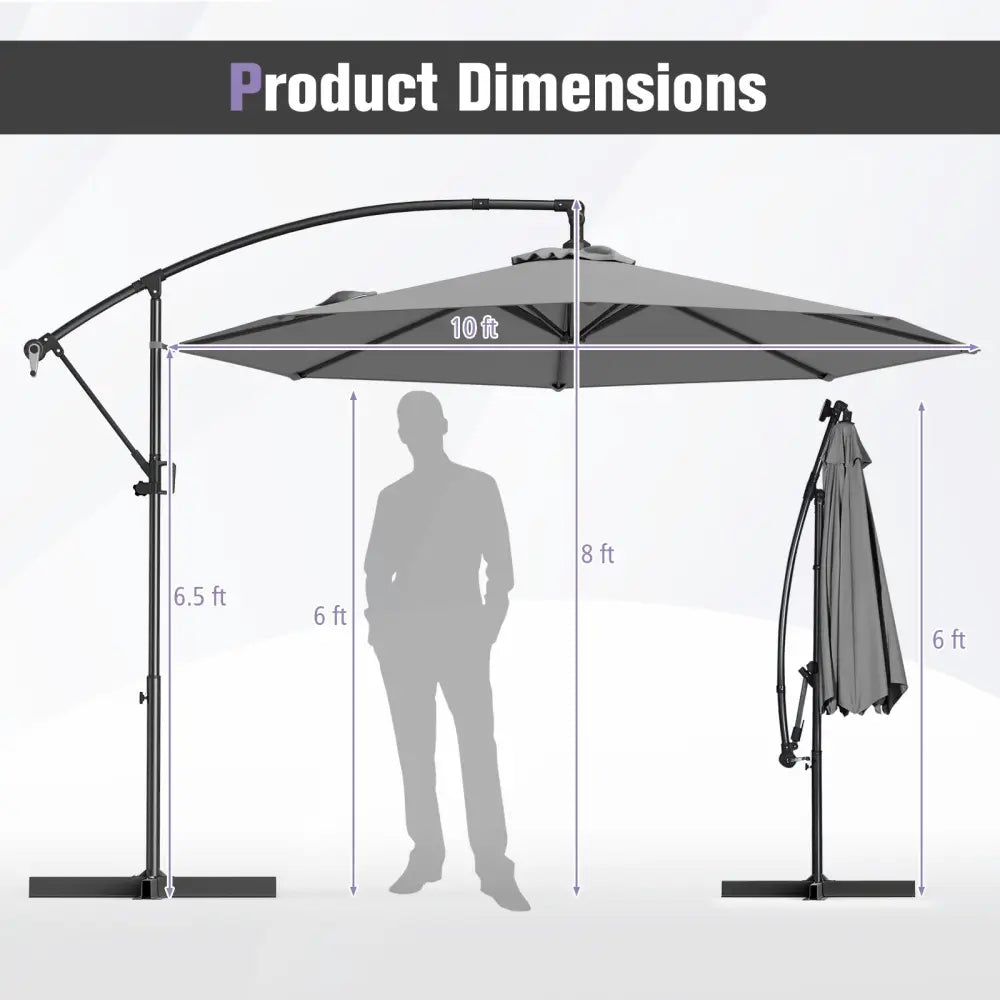 10 Feet Offset Hanging Umbrella with Base and Infinite Tilt-Gray - Gray - Outdoor Umbrellas