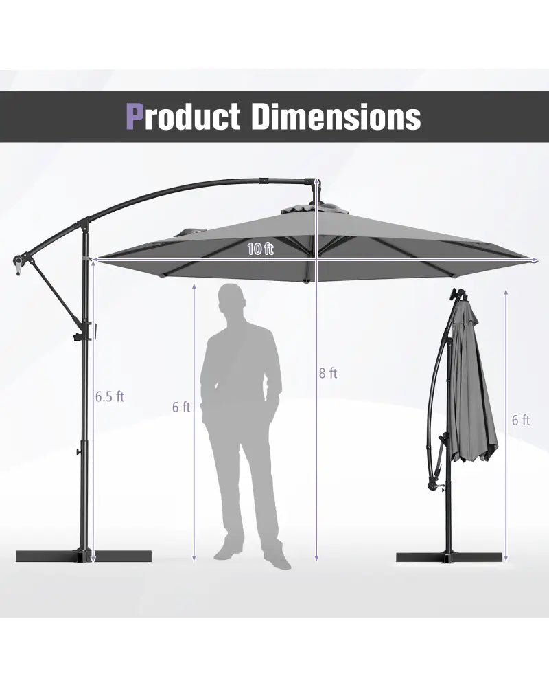 10 Feet Offset Hanging Umbrella with Base and Infinite Tilt-Gray - Gray - Outdoor Umbrellas