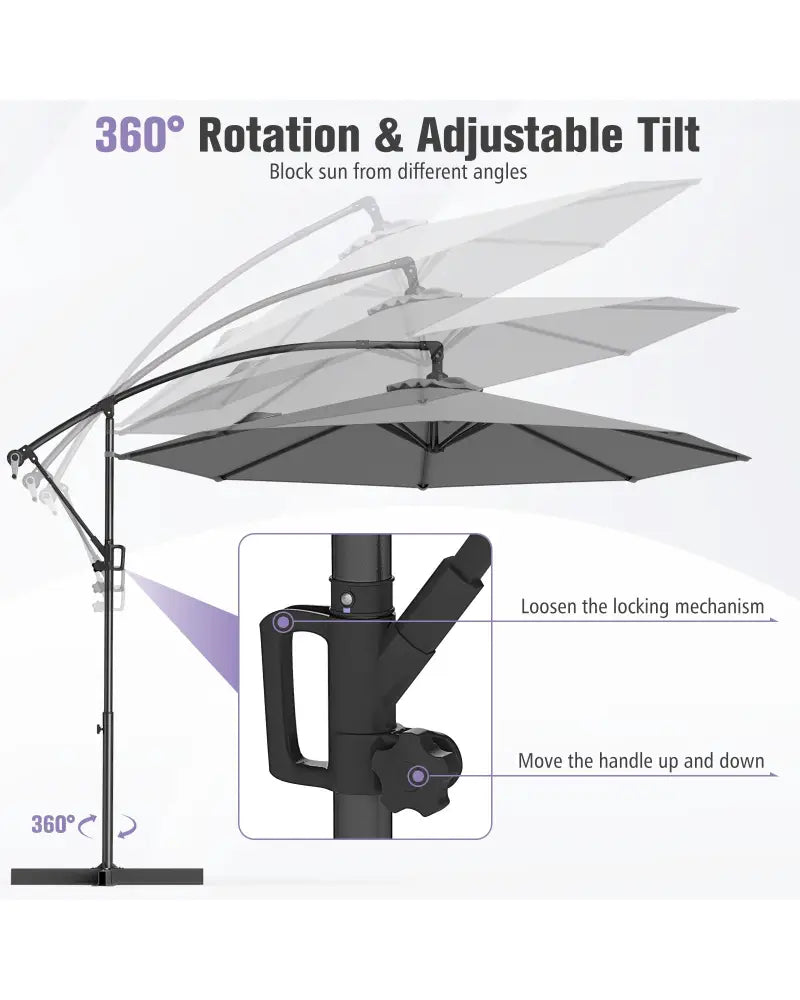 10 Feet Offset Hanging Umbrella with Base and Infinite Tilt-Gray - Gray - Outdoor Umbrellas
