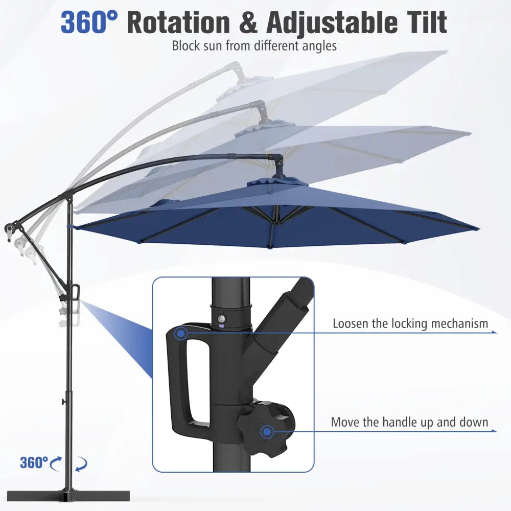 10 Feet Offset Hanging Umbrella with Base and Infinite Tilt-Navy - Navy - Outdoor Umbrellas