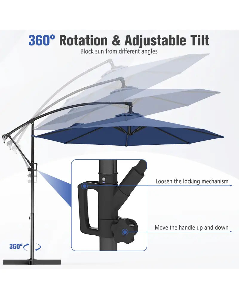 10 Feet Offset Hanging Umbrella with Base and Infinite Tilt-Navy - Navy - Outdoor Umbrellas