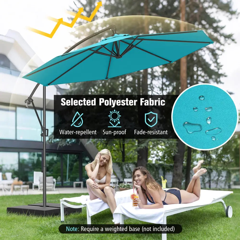 10 Feet Offset Hanging Umbrella with Base and Infinite Tilt-Turquoise - Turquoise - Outdoor Umbrellas
