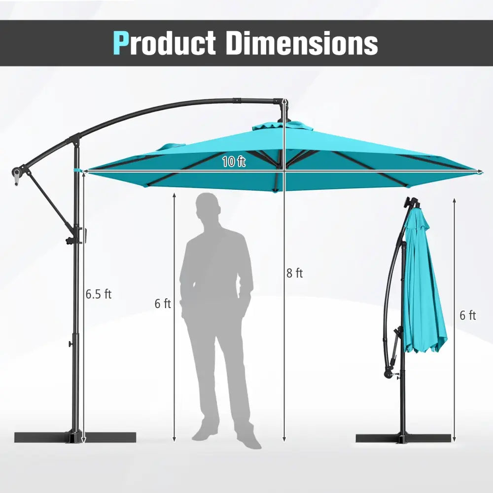 10 Feet Offset Hanging Umbrella with Base and Infinite Tilt-Turquoise - Turquoise - Outdoor Umbrellas