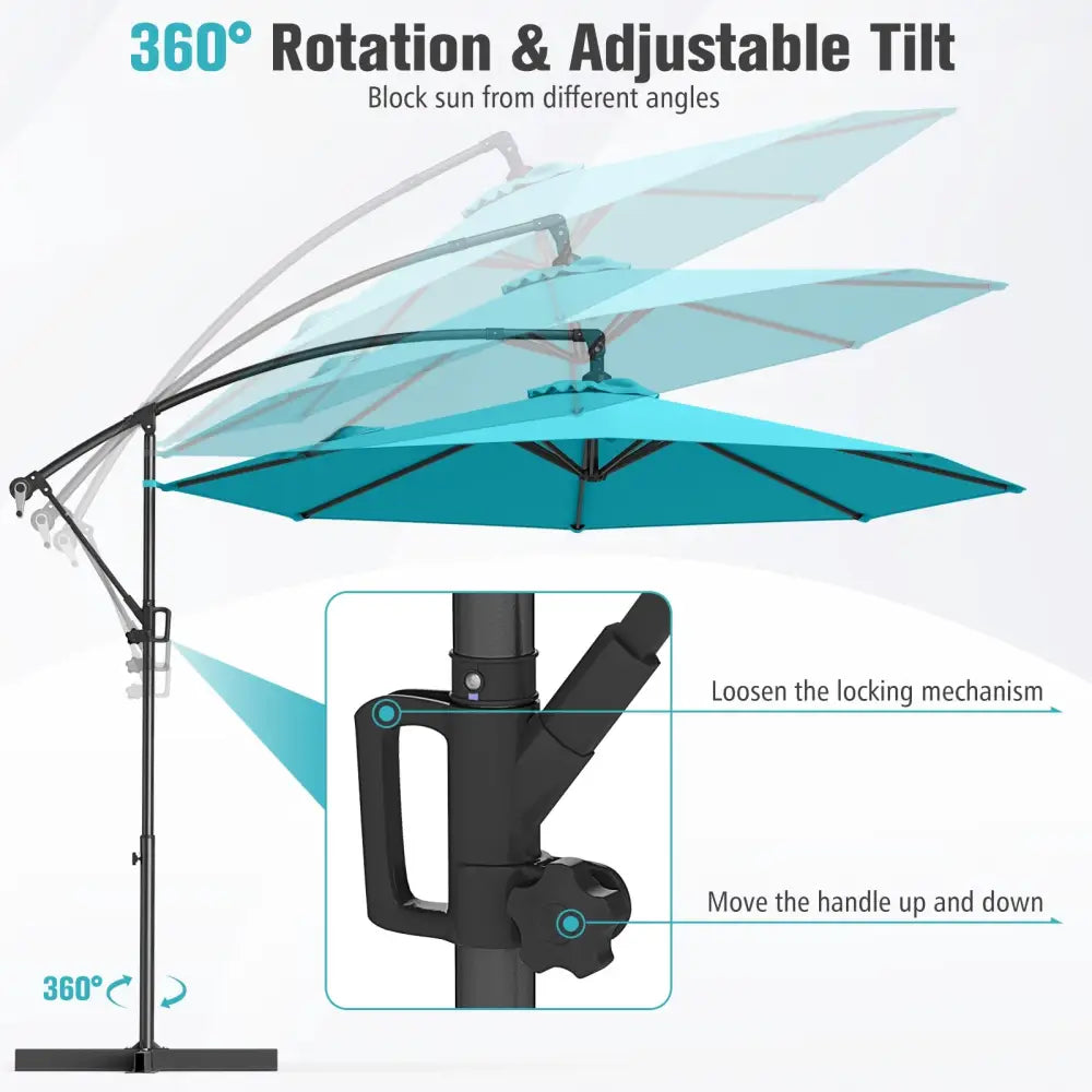 10 Feet Offset Hanging Umbrella with Base and Infinite Tilt-Turquoise - Turquoise - Outdoor Umbrellas