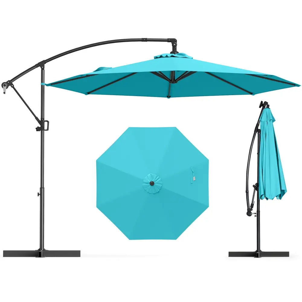 10 Feet Offset Hanging Umbrella with Base and Infinite Tilt-Turquoise - Turquoise - Outdoor Umbrellas