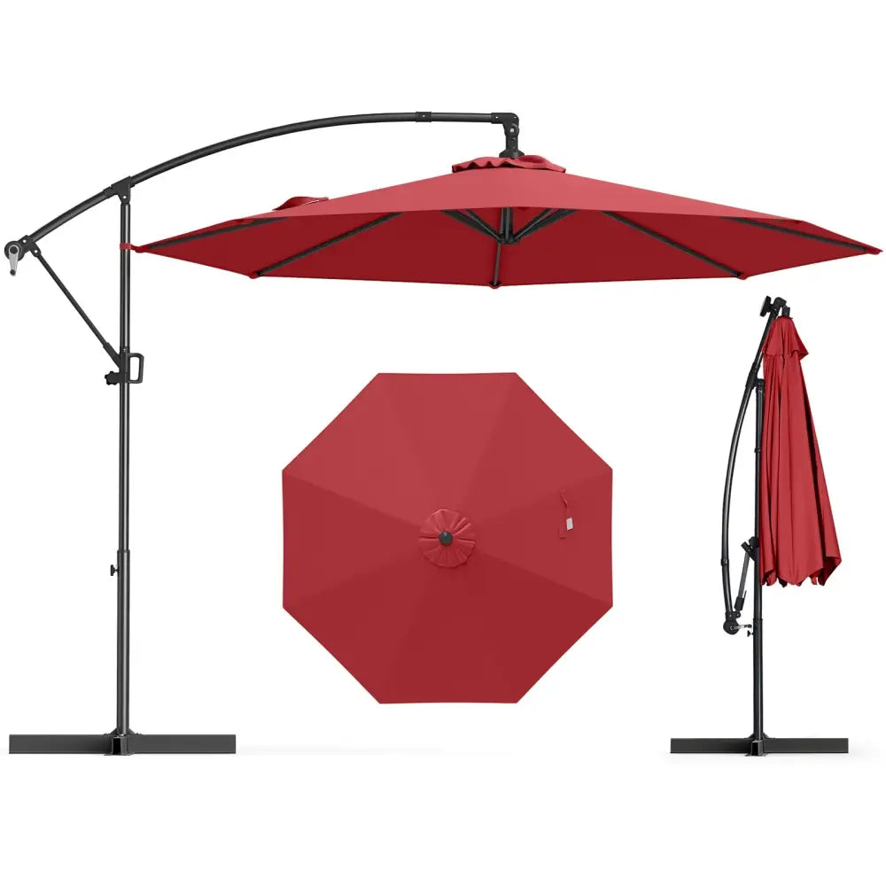 10 Feet Offset Hanging Umbrella with Base and Infinite Tilt-Wine - Wine - Outdoor Umbrellas