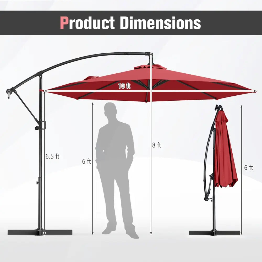 10 Feet Offset Hanging Umbrella with Base and Infinite Tilt-Wine - Wine - Outdoor Umbrellas