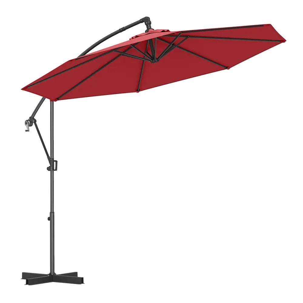 10 Feet Offset Hanging Umbrella with Base and Infinite Tilt-Wine - Wine - Outdoor Umbrellas