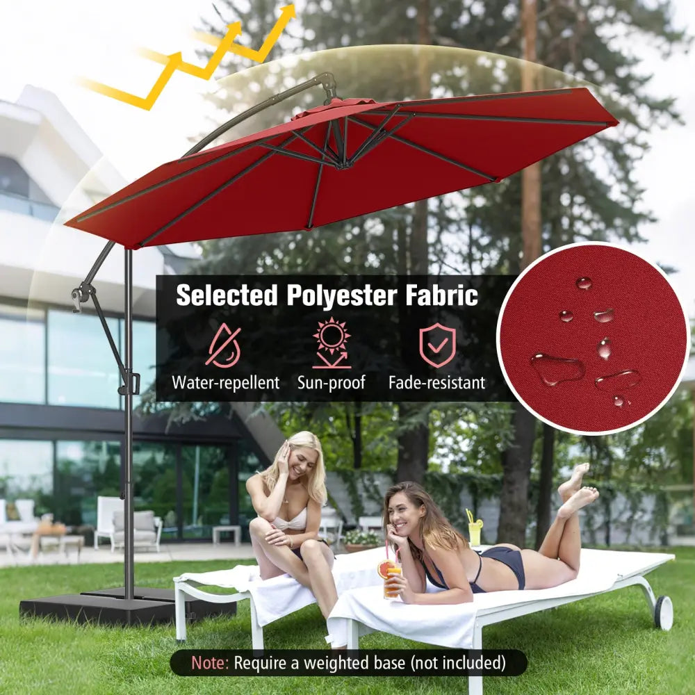 10 Feet Offset Hanging Umbrella with Base and Infinite Tilt-Wine - Wine - Outdoor Umbrellas