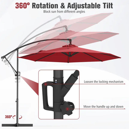 10 Feet Offset Hanging Umbrella with Base and Infinite Tilt-Wine - Wine - Outdoor Umbrellas
