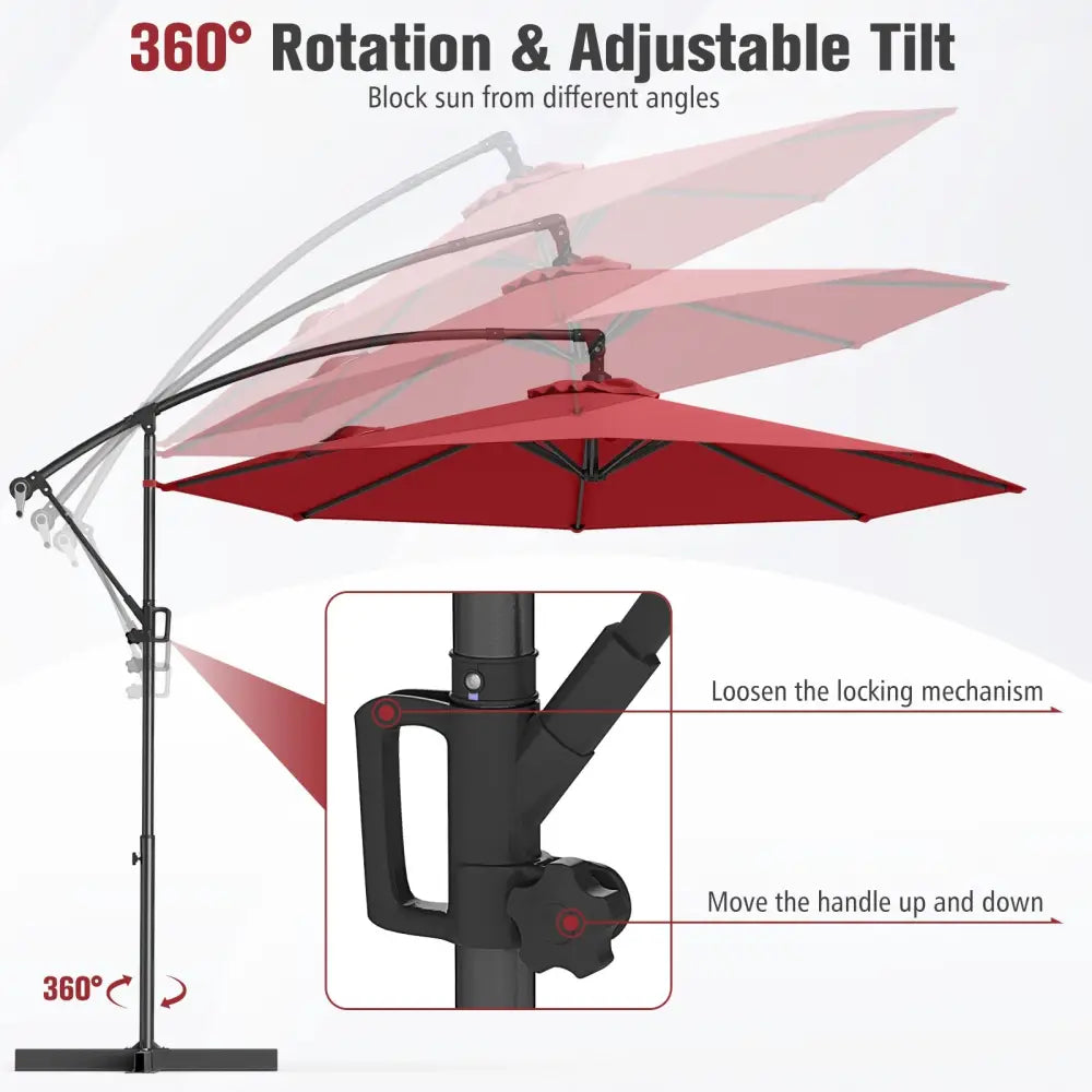10 Feet Offset Hanging Umbrella with Base and Infinite Tilt-Wine - Wine - Outdoor Umbrellas