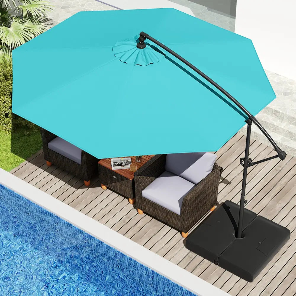 10 Feet Offset Hanging Umbrella with Base Patio Cantilever Umbrella with Tilt-Turquoise - Turquoise - Outdoor Umbrellas