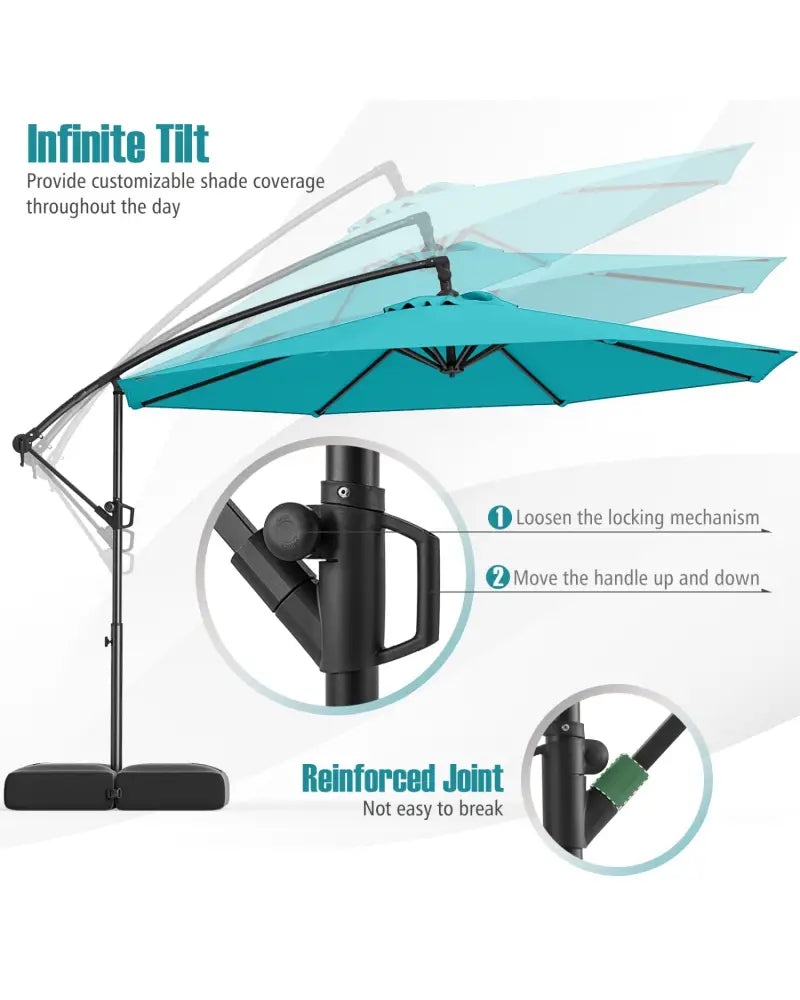 10 Feet Offset Hanging Umbrella with Base Patio Cantilever Umbrella with Tilt-Turquoise - Turquoise - Outdoor Umbrellas