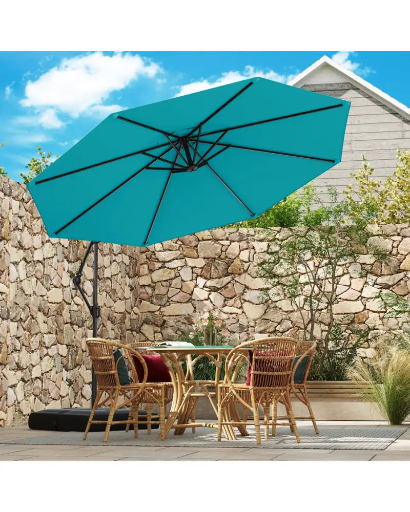 10 Feet Offset Hanging Umbrella with Base Patio Cantilever Umbrella with Tilt-Turquoise - Turquoise - Outdoor Umbrellas