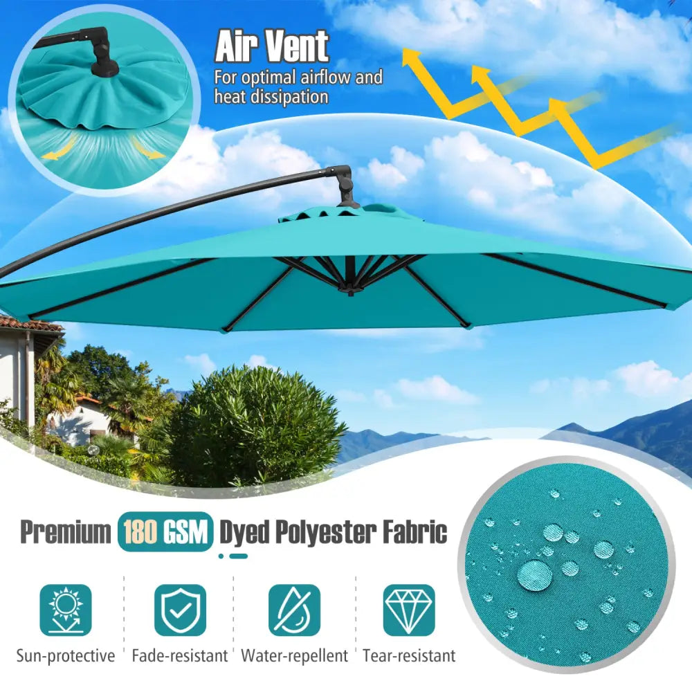 10 Feet Offset Hanging Umbrella with Base Patio Cantilever Umbrella with Tilt-Turquoise - Turquoise - Outdoor Umbrellas