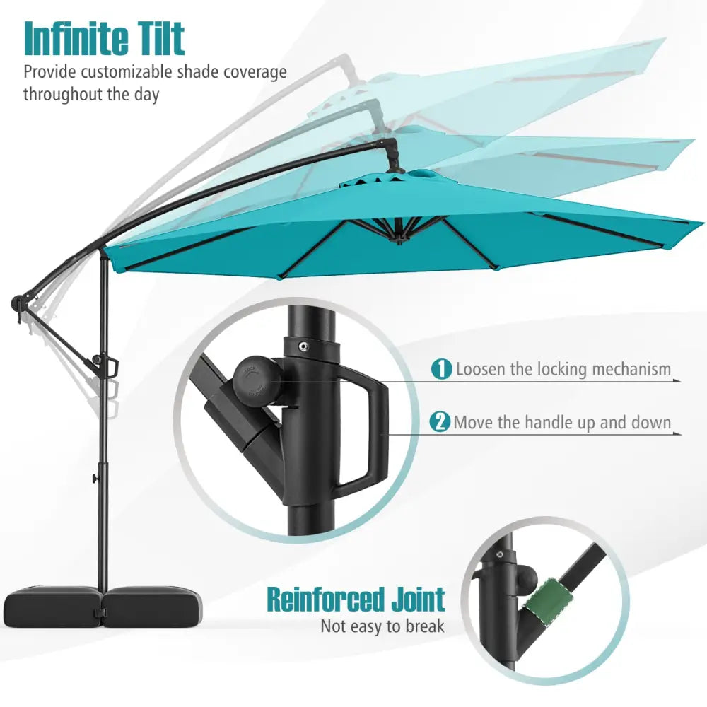 10 Feet Offset Hanging Umbrella with Base Patio Cantilever Umbrella with Tilt-Turquoise - Turquoise - Outdoor Umbrellas