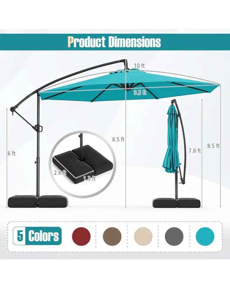 10 Feet Offset Hanging Umbrella with Base Patio Cantilever Umbrella with Tilt-Turquoise - Turquoise - Outdoor Umbrellas