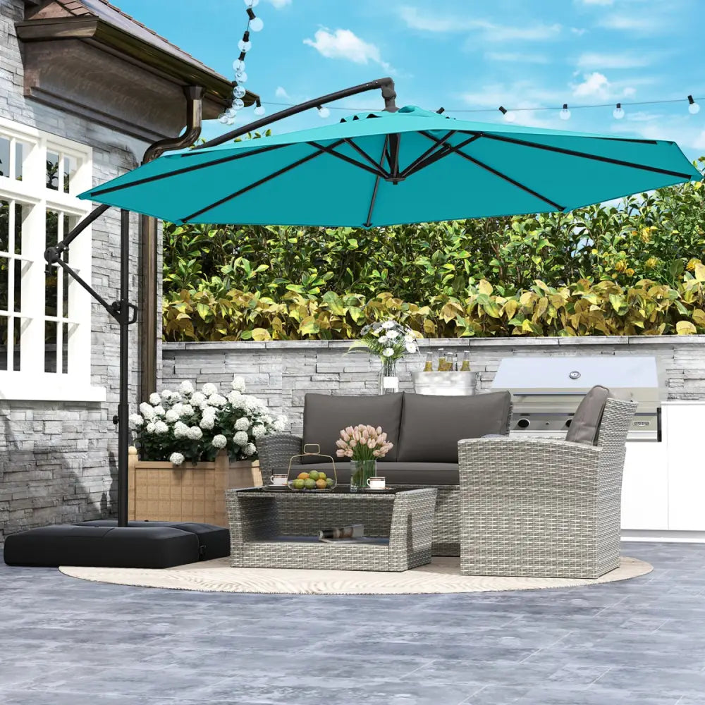 10 Feet Offset Hanging Umbrella with Base Patio Cantilever Umbrella with Tilt-Turquoise - Turquoise - Outdoor Umbrellas