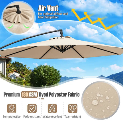 10 Feet Offset Hanging Umbrella with Base Patio Cantilever Umbrella with Tilt-Beige - Beige - Outdoor Umbrellas