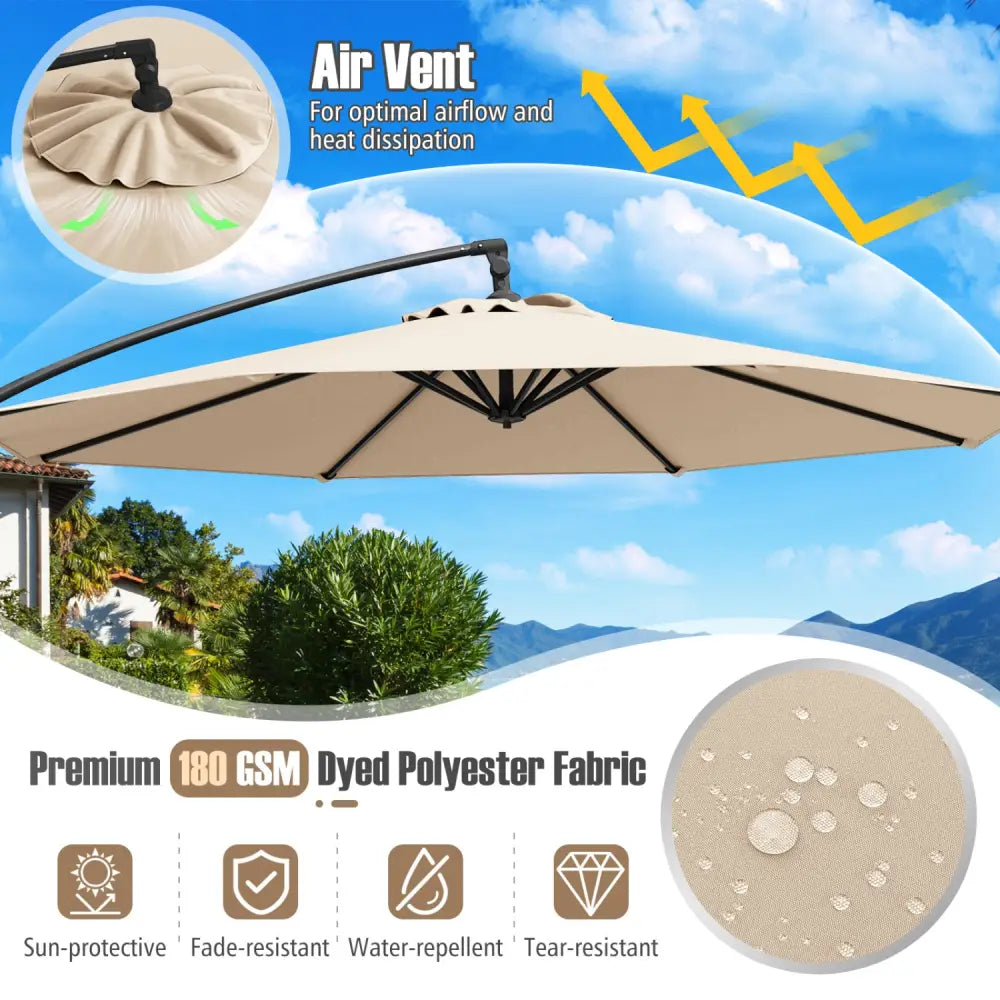 10 Feet Offset Hanging Umbrella with Base Patio Cantilever Umbrella with Tilt-Beige - Beige - Outdoor Umbrellas
