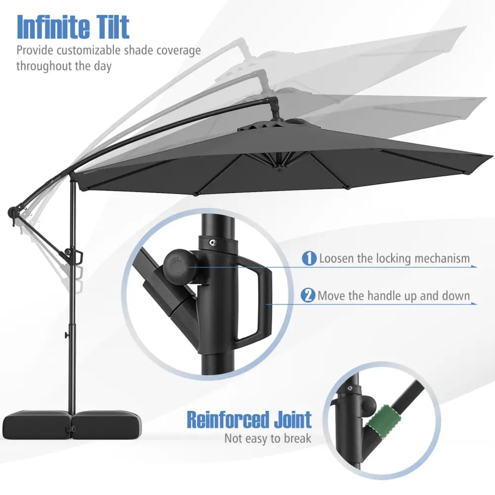 10 Feet Offset Hanging Umbrella with Base Patio Cantilever Umbrella with Tilt-Gray - Gray - Outdoor Umbrellas