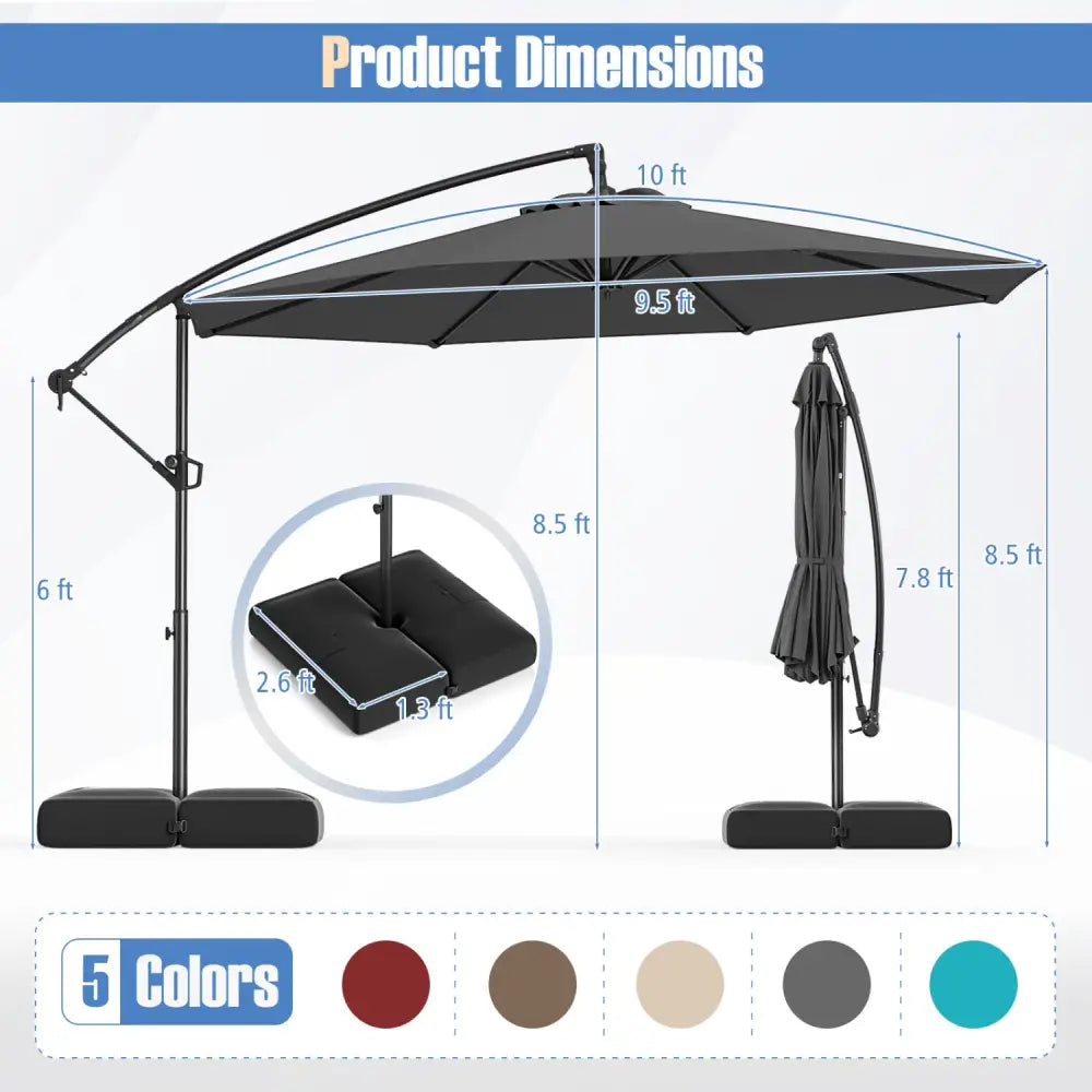 10 Feet Offset Hanging Umbrella with Base Patio Cantilever Umbrella with Tilt-Gray - Gray - Outdoor Umbrellas