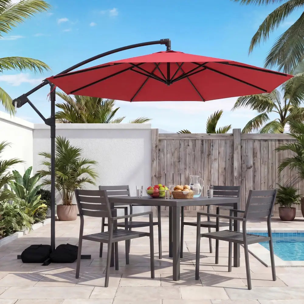 10 Feet Offset Hanging Umbrella with Base Patio Cantilever Umbrella with Tilt-Red - Red - Outdoor Umbrellas