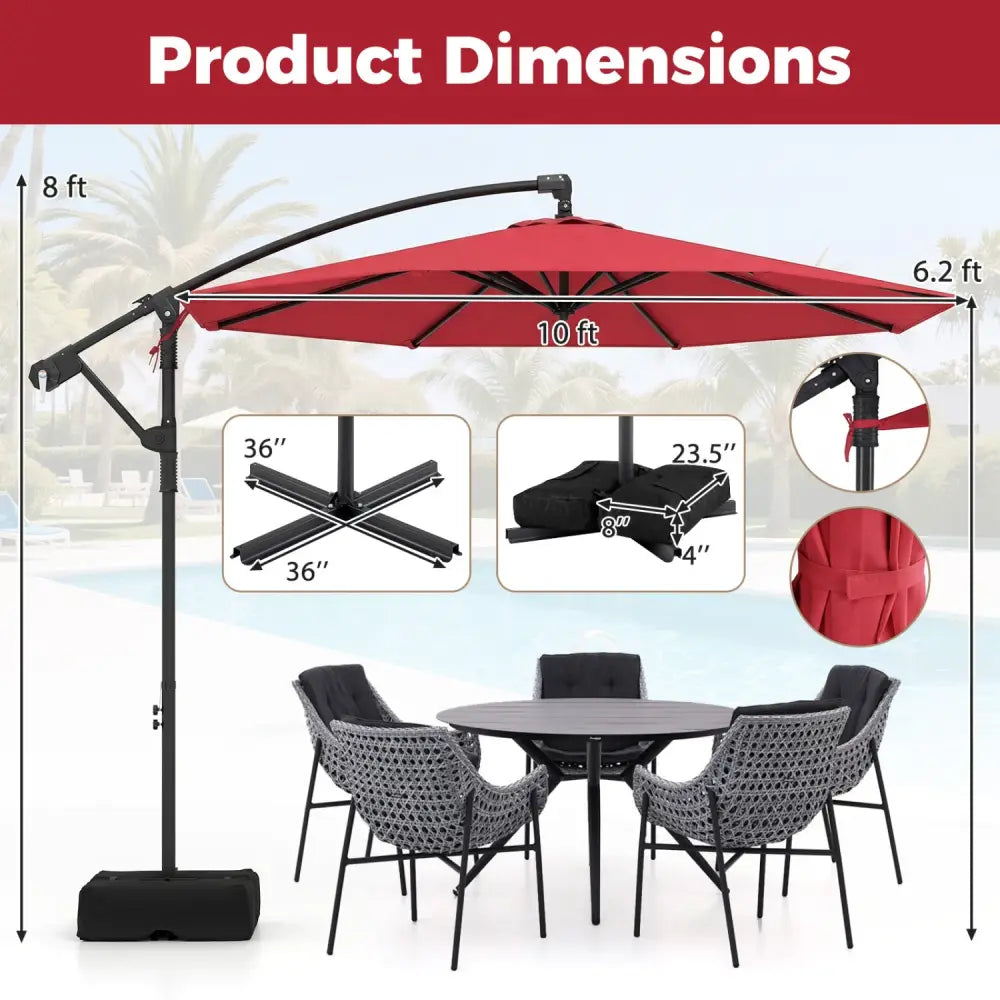 10 Feet Offset Hanging Umbrella with Base Patio Cantilever Umbrella with Tilt-Red - Red - Outdoor Umbrellas