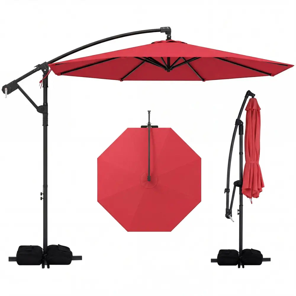 10 Feet Offset Hanging Umbrella with Base Patio Cantilever Umbrella with Tilt-Red - Red - Outdoor Umbrellas