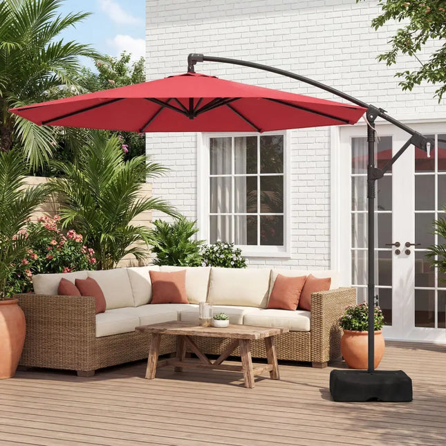 10 Feet Offset Hanging Umbrella with Base Patio Cantilever Umbrella with Tilt-Red - Red - Outdoor Umbrellas