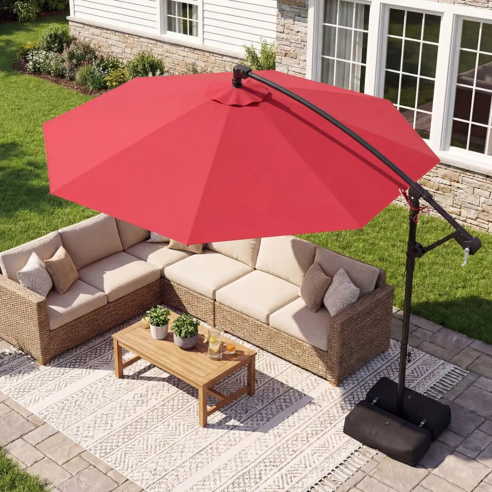 10 Feet Offset Hanging Umbrella with Base Patio Cantilever Umbrella with Tilt-Red - Red - Outdoor Umbrellas