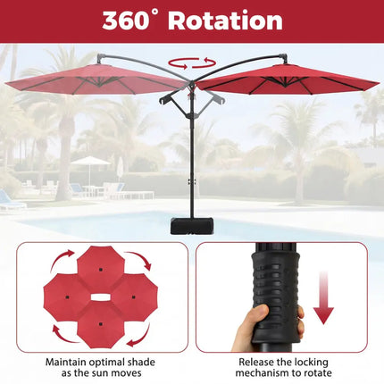 10 Feet Offset Hanging Umbrella with Base Patio Cantilever Umbrella with Tilt-Red - Red - Outdoor Umbrellas