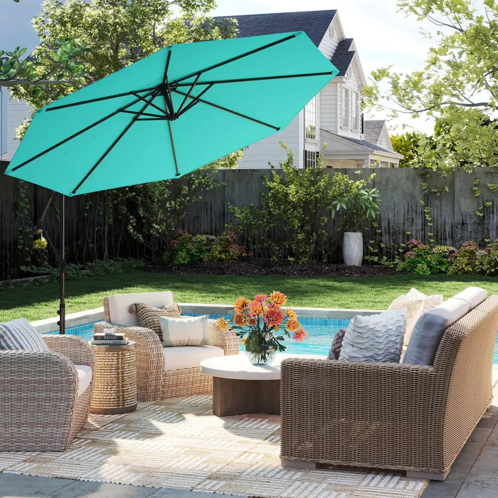10 Feet Offset Umbrella with 8 Ribs Cantilever and Cross Base-Turquoise - Turquoise - Outdoor Umbrellas