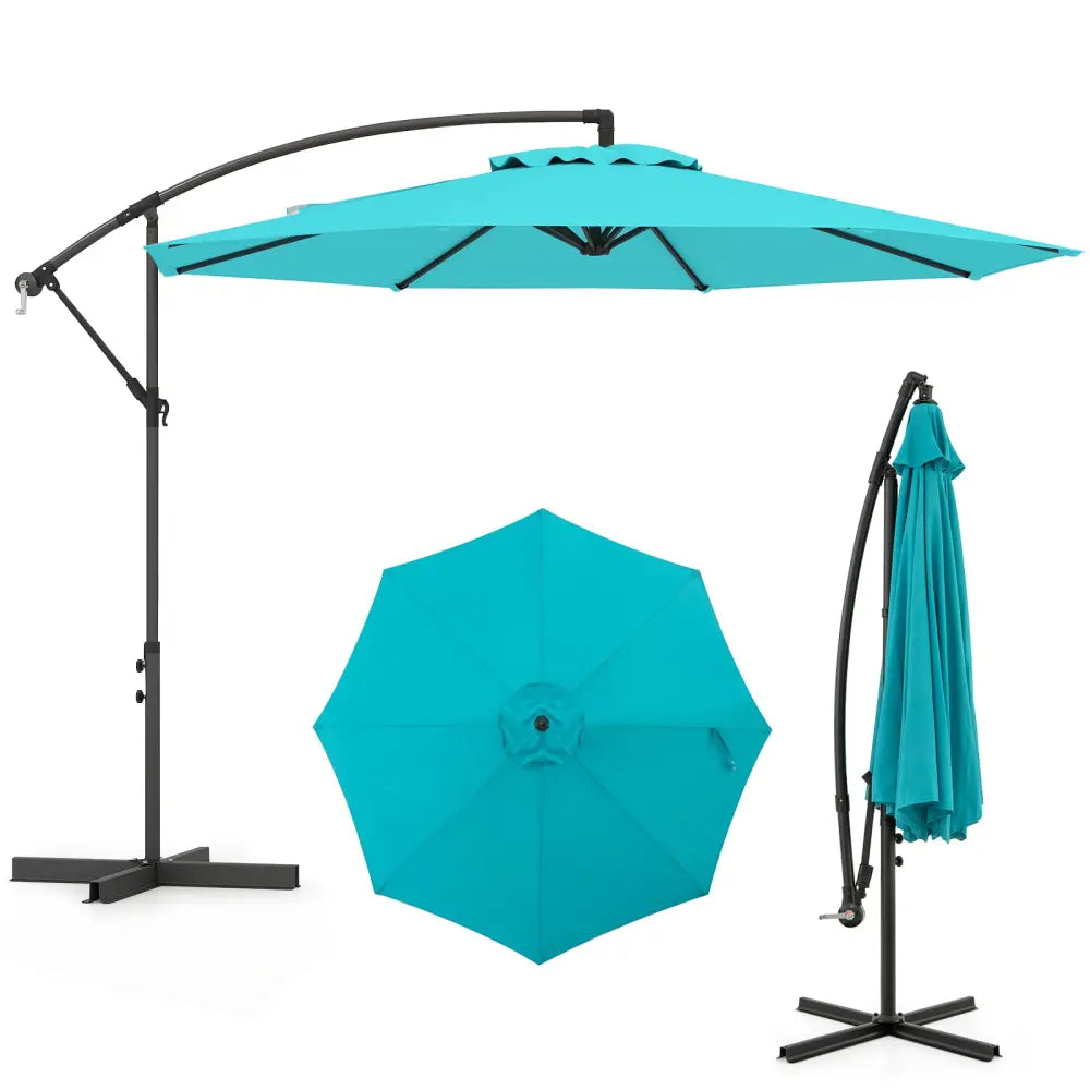 10 Feet Offset Umbrella with 8 Ribs Cantilever and Cross Base-Turquoise - Turquoise - Outdoor Umbrellas
