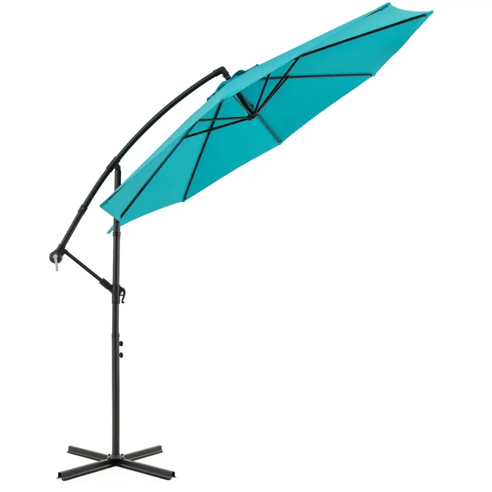 10 Feet Offset Umbrella with 8 Ribs Cantilever and Cross Base-Turquoise - Turquoise - Outdoor Umbrellas